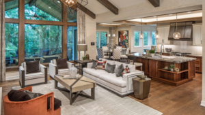 a living room with a large area rug